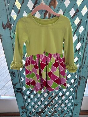 Girls' Lime Green Long-Sleeve Dress with Pink Patterned Skirt